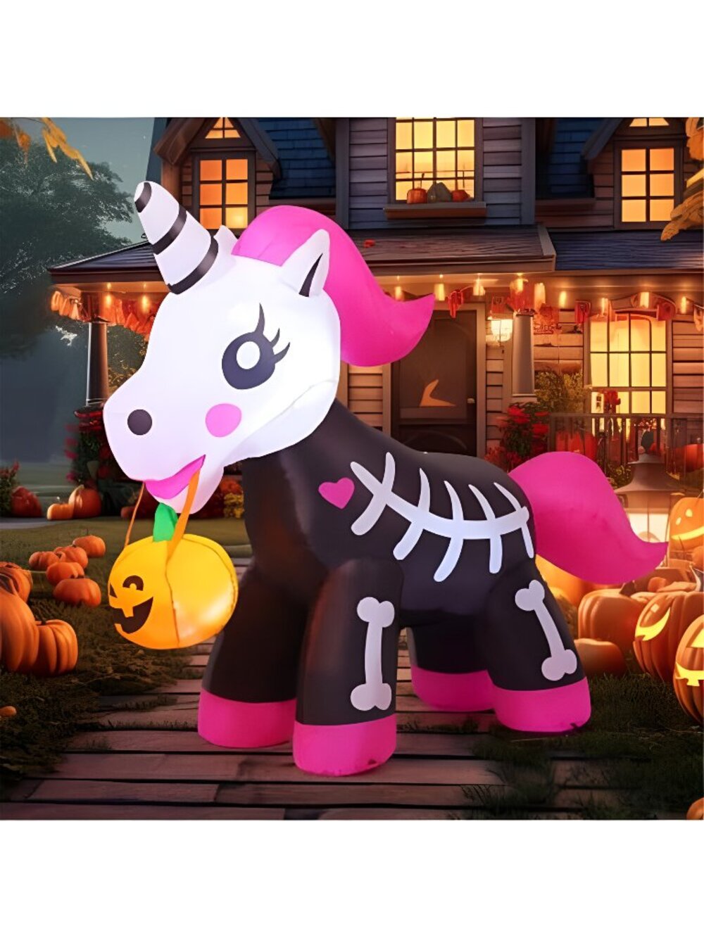 5 FT Halloween Inflatables Skeleton Unicorn Outdoor Decorations Blow Up Yard